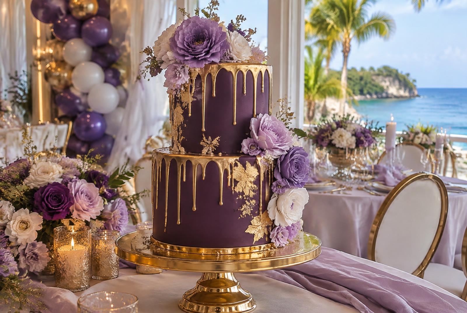 purple gold drip cake Negril with coordinated event decor